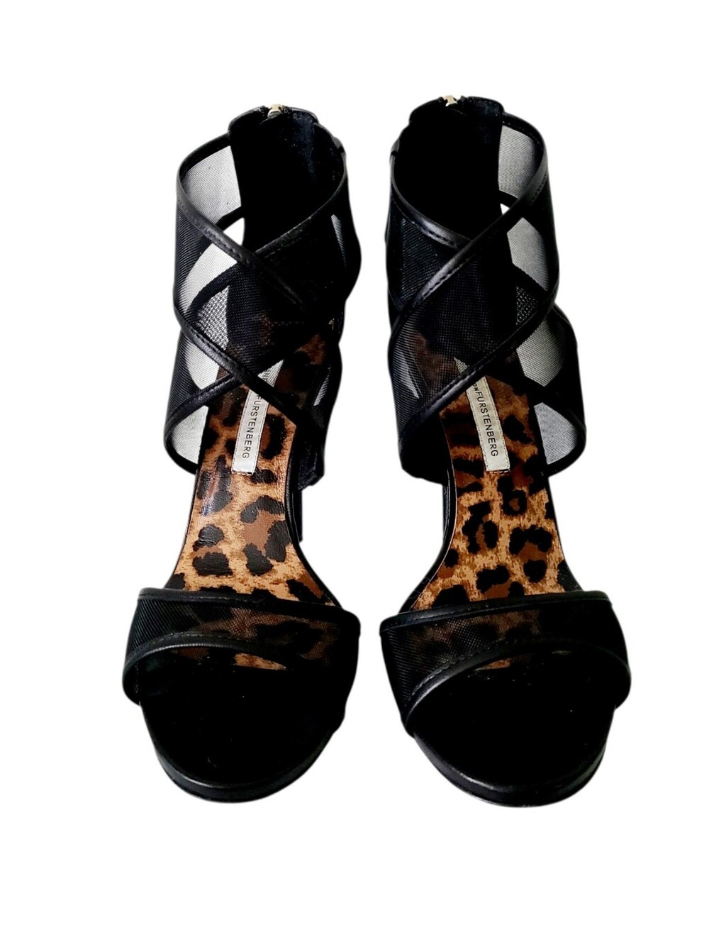 Diane von Furstenberg "Jules" Black Napa   & Mesh 4.5" Heels Sandals - Picture 3 of 6
